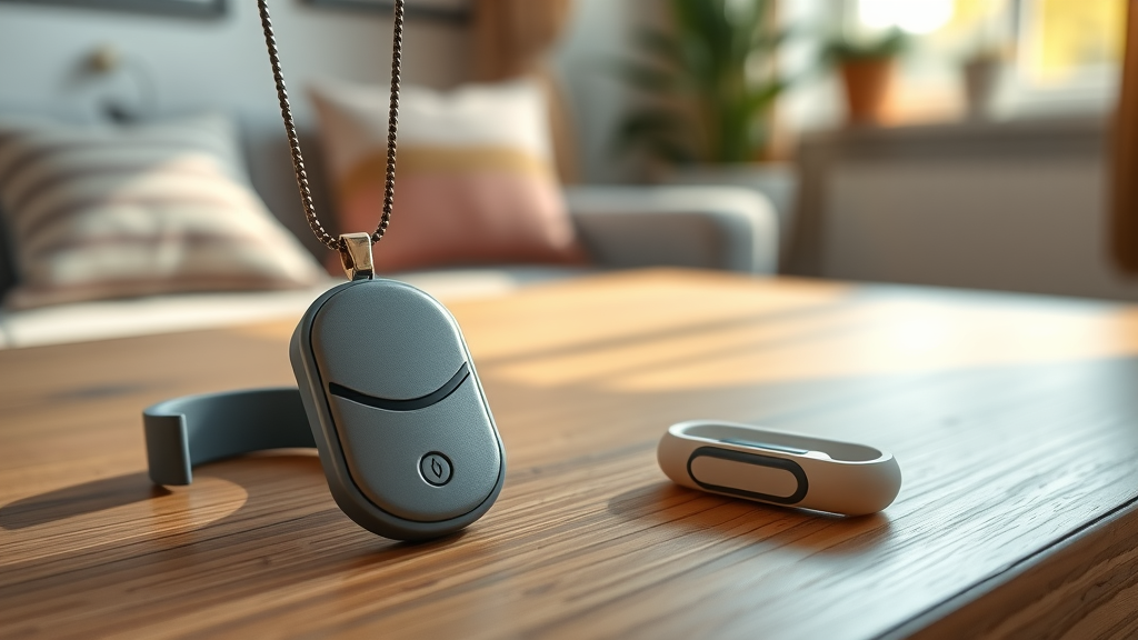 Closeup of medical alert systems for seniors, sleek and easy to use.