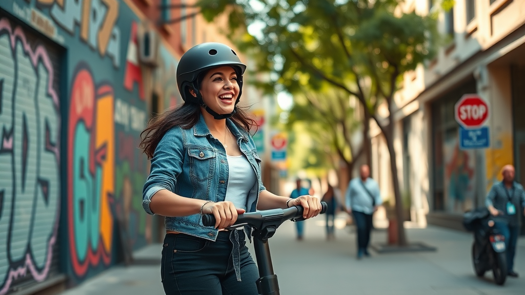 Young woman explores oakland neighborhood on segway tour past murals