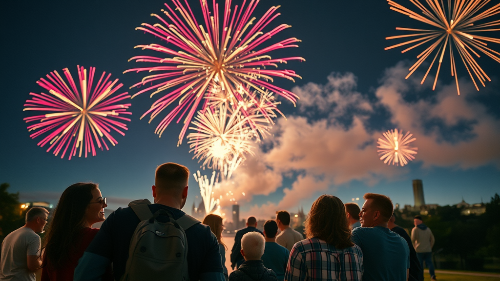 Sky high night sky fireworks display, families watching, vibrant colors, in city park with skyline in the background