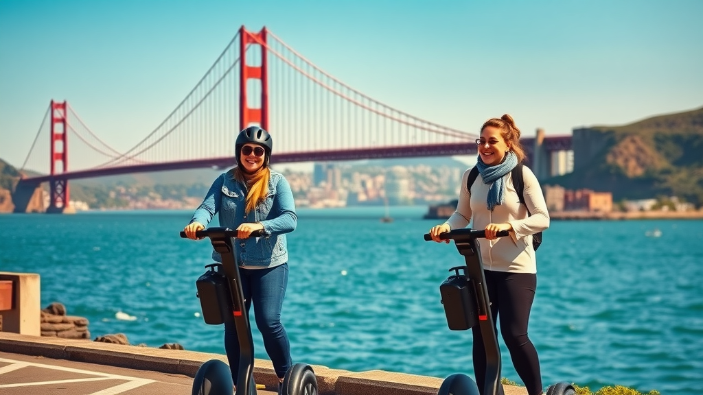Segway tours in oakland and san francisco with Golden Gate Bridge backdrop