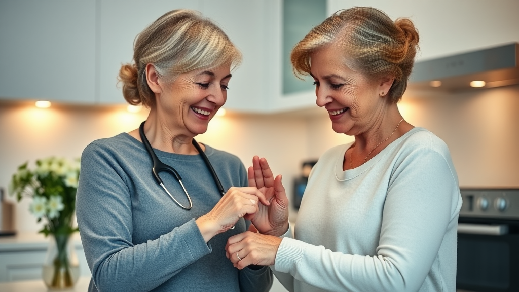 Caregiver teaches senior how to use a medical alert system for increased safety.