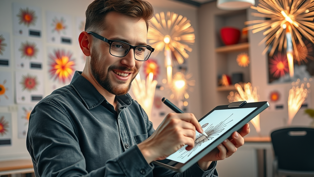 Fireworks designer at work with art and science, creating patterns on digital tablet, studio with sketches and fireworks samples