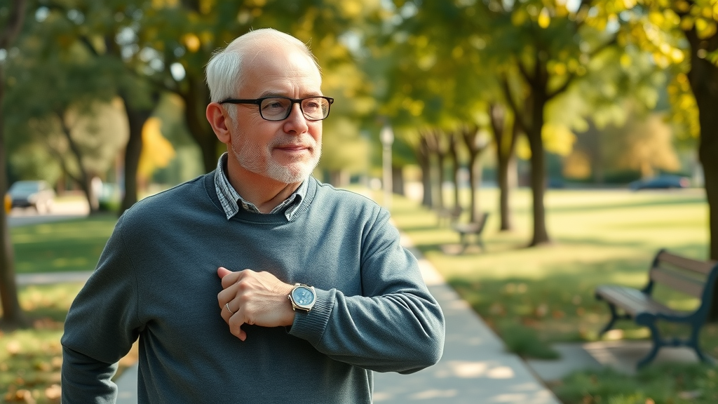Senior man wearing medical alert system enjoying a safe walk in the park.