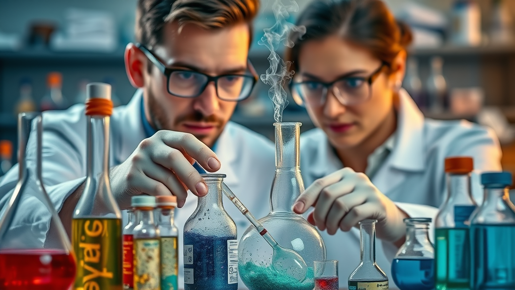 Science of fireworks chemical mixtures, scientists mixing colorful powders, laboratory with fireworks research