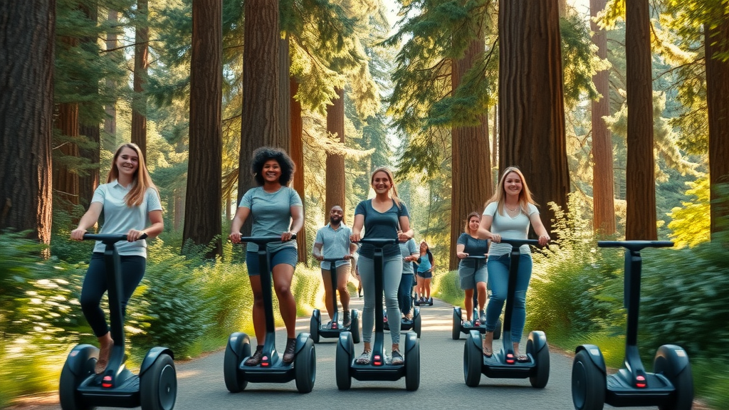 Group enjoying segway tours in oakland and san francisco amidst redwood trees