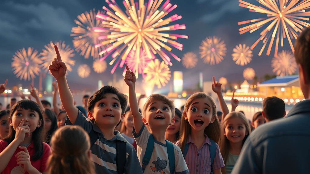 Crowd watching fireworks display, animated children pointing, parents smiling, night sky filled with colorful bursts