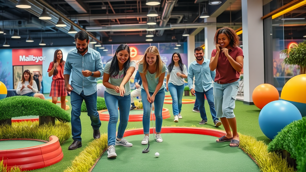 Vibrant indoor mini-golf game with diverse group laughing and playing together