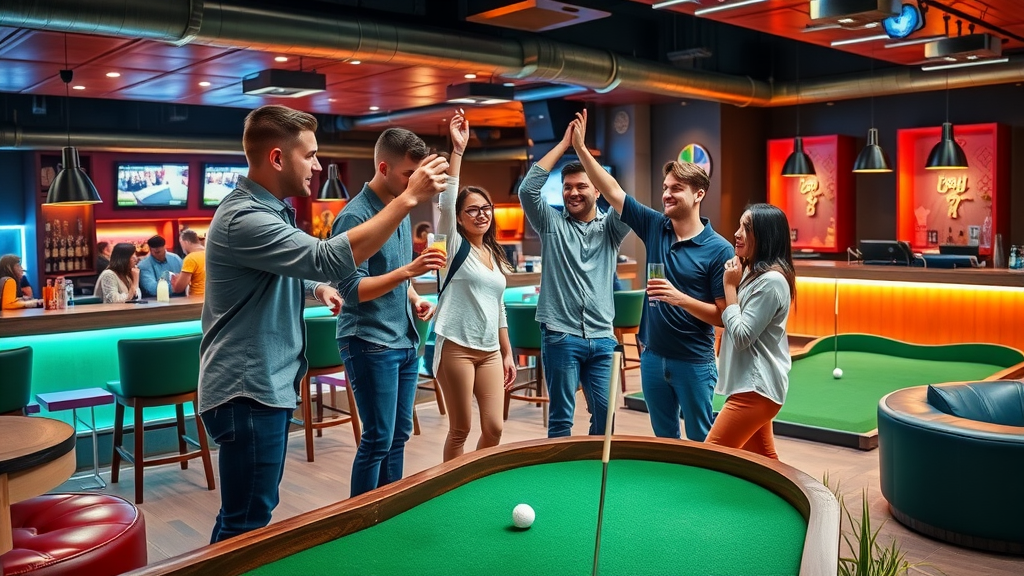 Indoor mini-golf bar scene with young adults socializing and putting