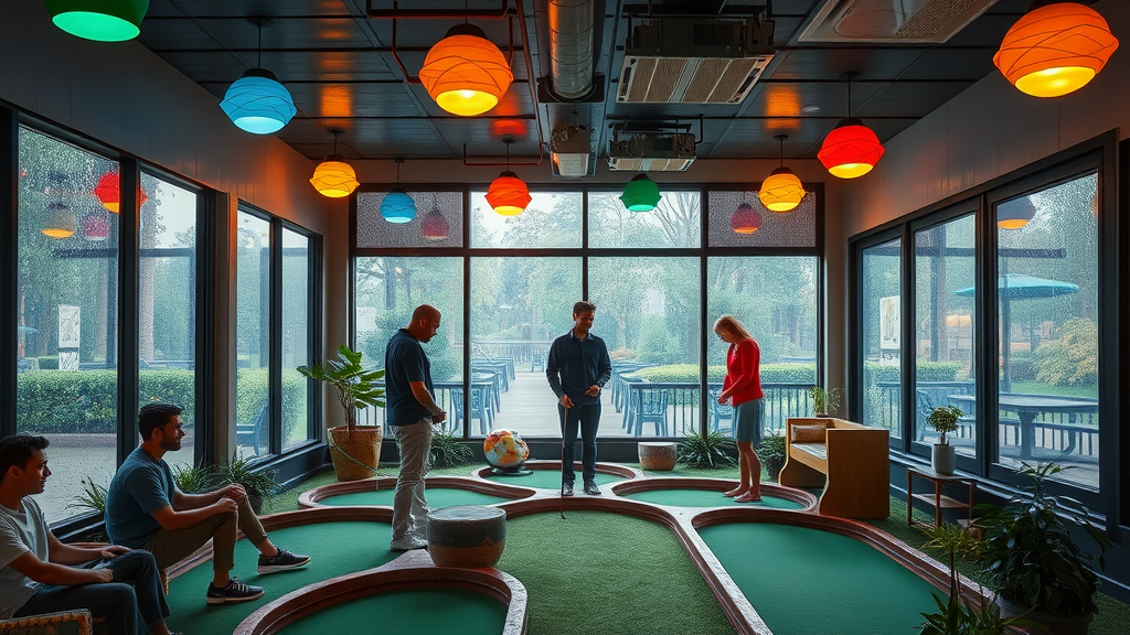 Rainy day indoor mini-golf with friends enjoying vibrant course
